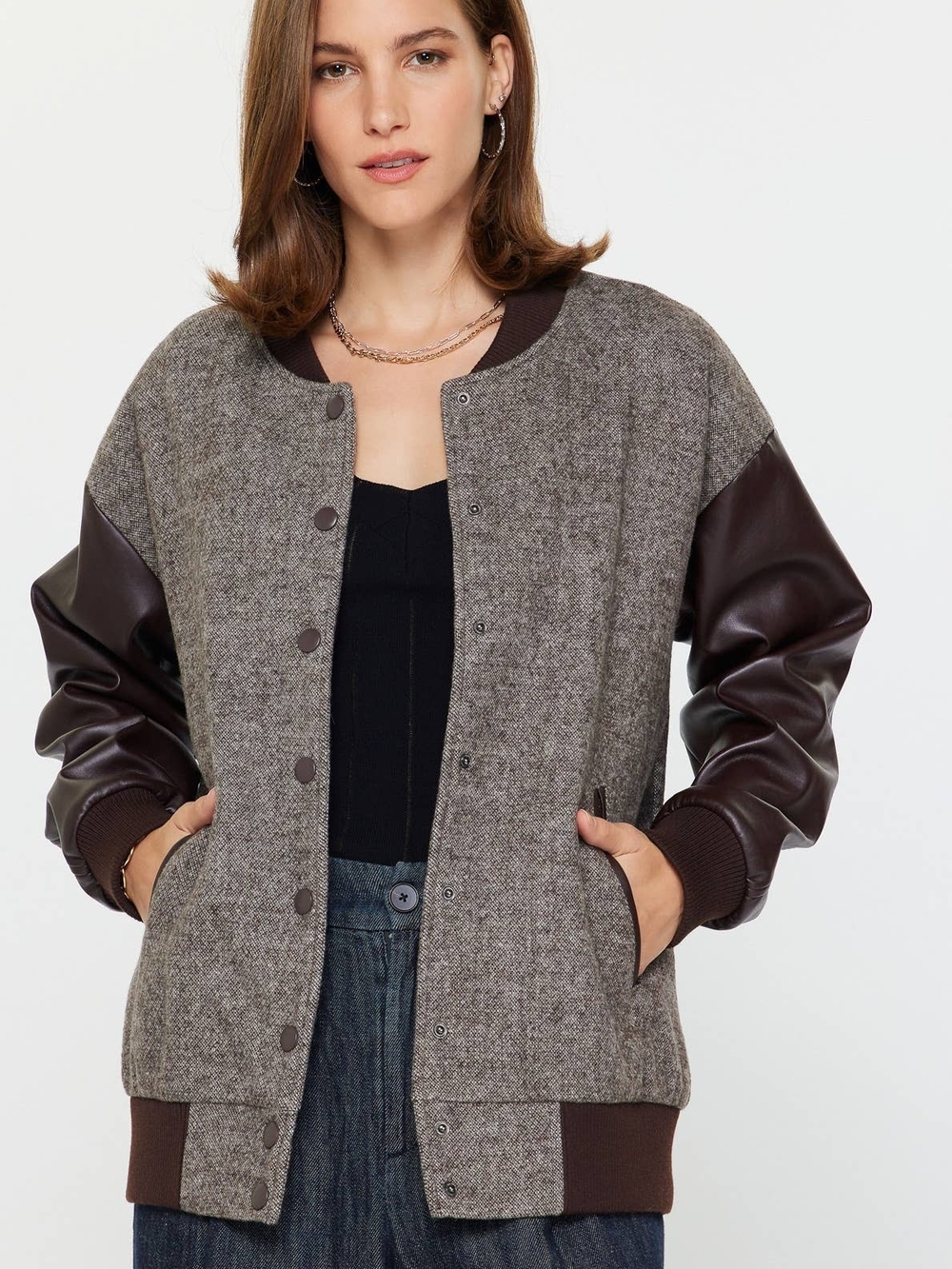 Current Air Gray Wool-Blend Varsity Jacket with Brown Faux-Leather Sleeves